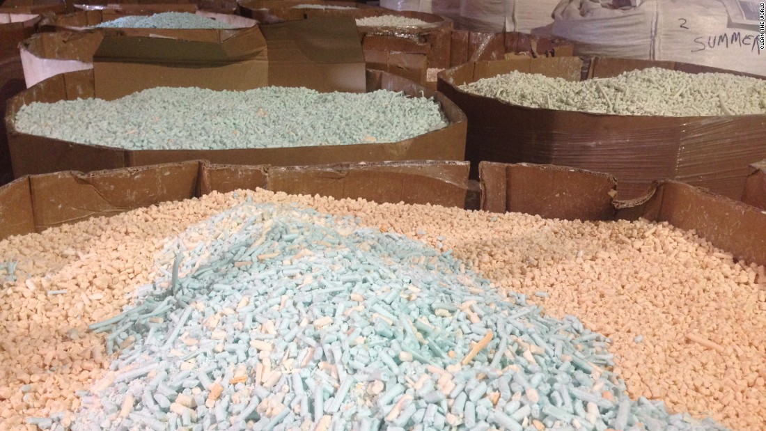 Piles of soap &quot;noodles&quot; - recycled soap awaiting pressing into its final bar form - at Clean the World&#39;s Orlando, Florida facility.