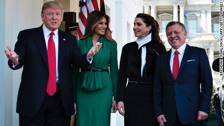 US President Donald Trump and first lady Melania Trump welcome Jordan's Queen Rania and King Abdullah II outside the West Wing of the White House in April 2017.