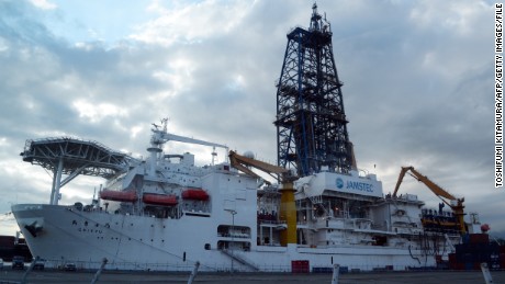 Japan&#39;s deep-sea drilling vessel, Chikyu, is anchored at a pier in Shimizu in 2013.