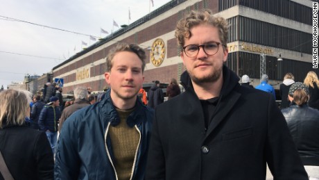 Bjorn Lundvall, 24, (right) with his friend Jesper Johannsson. &quot;I wanted to see this with my own eyes,&quot; he says. &quot;I followed the broadcasts yesterday but ... I wanted to get closer to it.&quot;