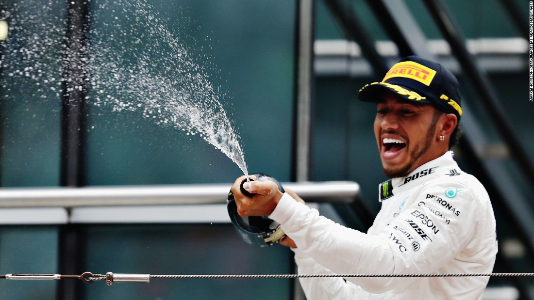 Lewis Hamilton celebrates after winning the 2017 Chinese Grand Prix.