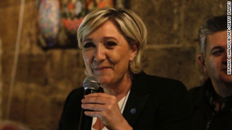 Head of the French far-right party Front National and presidential candidate Marine Le Pen speaks during a dinner in the coastal city of Byblos on February 19, 2017, during her visit to Lebanon.
 