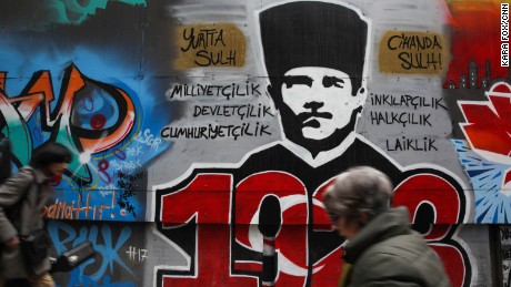 Atatürk, the founder of modern Turkey, is graffitied on to the walls of Istanbul&#39;s Istiklal Avenue in the city center.