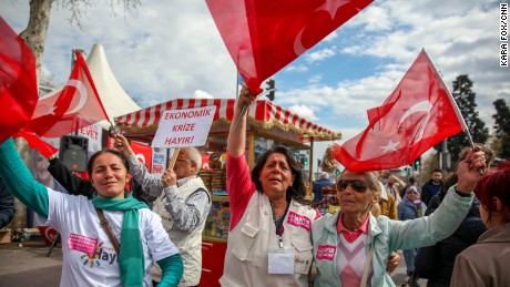 Supporters from the opposition party Republican People&#39;s Party (CHP) wave the Turkish flag and sing their official &quot;No&quot; referendum song at party tent in the middle of Istanbul on Sunday, April 9, 2017. 