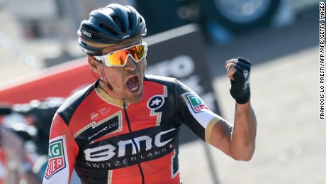 Belgium&#39;s Greg Van Avermaet celebrates as he crosses the finish line at the end of the 115th edition of the Paris-Roubaix one-day classic cycling race, between Compiegne and Roubaix, on April 9, 2017 in Roubaix, northern France. / AFP PHOTO / François LO PRESTI        (Photo credit should read FRANCOIS LO PRESTI/AFP/Getty Images)