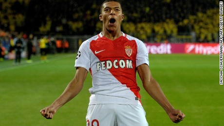 Monaco&#39;s French forward Kylian Mbappe Lottin reacts after scoring his second goal for Monaco against Dortmund