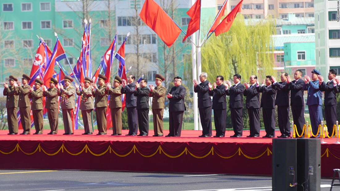 North Korean leader Kim Jong Un appears at a ceremony to formally open a housing development in Pyongyang on April 13. The project was rushed to completion in under a year, North Korean officials say. 