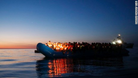 One of the boats, containing an estimated 1,500-1,800 migrants in the Mediterranean Sea on the evening of Saturday April 14.