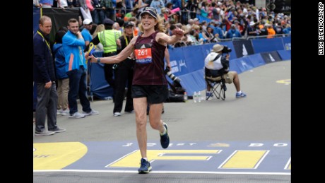 Kathrine Switzer finishes the Boston Marathon on Monday.