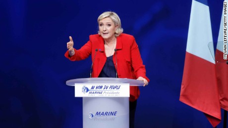 PARIS, FRANCE - APRIL 17:  French presidential far-right candidate Marine Le Pen gestures as she delivers a speech during a campaign rally at Zenith on April 17, 2017 in Paris, France.  (Photo by Sylvain Lefevre/Getty Images)