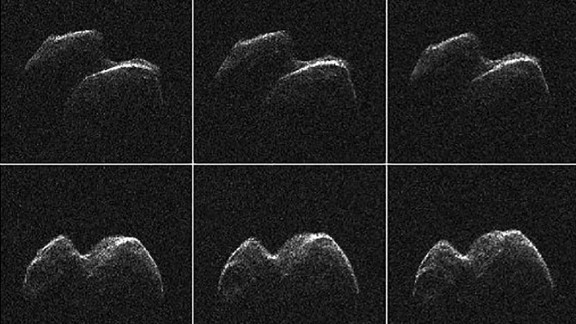 Asteroid 2014 JO25 was imaged by radar from NASA's Goldstone Deep Space Communications Complex in California one day before its closest approach to Earth. A grid composed of 30 images shows the two-lobed asteroid in different rotations. The space rock passed Earth on April 19, 2017, at a distance of 1.1 million miles (1.8 million kilometers).