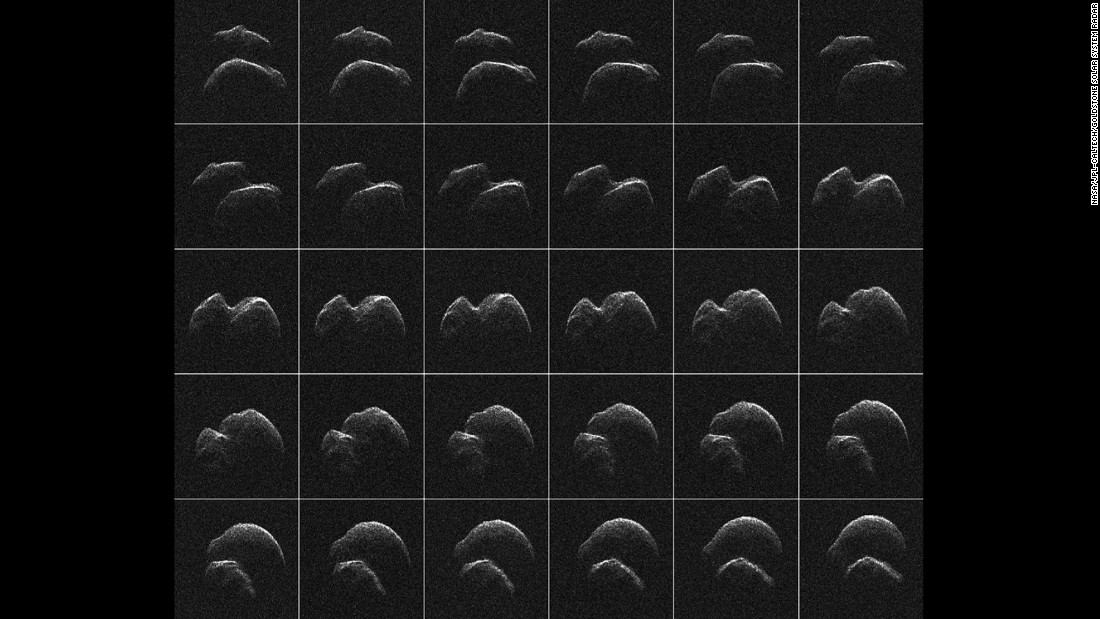 Asteroid 2014 JO25 was imaged by radar from NASA&#39;s Goldstone Deep Space Communications Complex in California one day before its closest approach to Earth. A grid composed of 30 images shows the two-lobed asteroid in different rotations. The space rock passed Earth on April 19, 2017, at a distance of 1.1 million miles (1.8 million kilometers).
