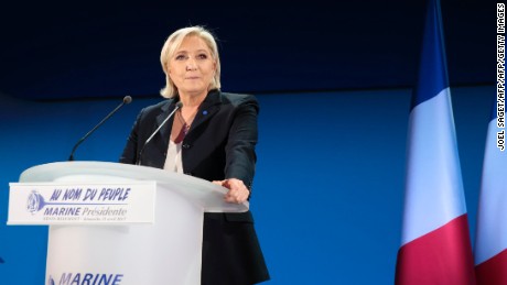 French far-right presidential candidate Marine Le Pen delivers a speech after making it through to the final round of voting.