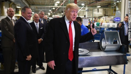 President-elect Donald Trump and Vice President-elect Governor Mike Pence(not seen) visit the Carrier air conditioning and heating company in Indianapolis, Indiana on December 1, 2016. (Photo credit should read TIMOTHY A. CLARY/AFP/Getty Images)