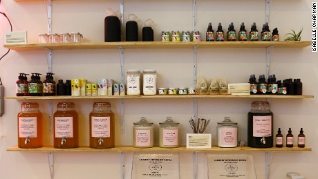 Bottles and jars line shelves at Package Free, a New York store that aims to reduce package waste and sell sustainable products.