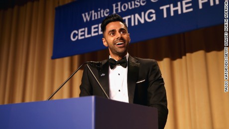 Minhaj speaks on stage during 2017 White House Correspondents' Association Dinner in 2017.