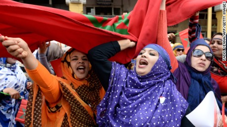Moroccan women shout slogans during a protest calling for gender equality as they mark International women&#39;s day in 2015. 
