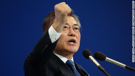 SEOUL, SOUTH KOREA - APRIL 03:  Moon Jae-In, presidential election candidate for the Democratic Party of Korea speech during the primary election on April 3, 2017 in Seoul, South Korea. The Democratic Party of Korea held the last round of its primary election to name its candidate Moon Jae-In for the upcoming presidential election.  (Photo by Chung Sung-Jun/Getty Images)