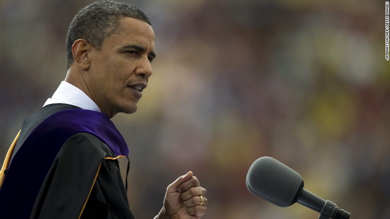 In this May 1, 2010, file photo, then-President Barack Obama delivers the commencement address at the University of Michigan, in Ann Arbor.