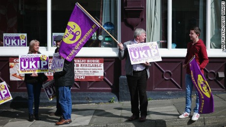 UK Independence Party supporters wait for the arrival of party leader Paul Nuttall in Hartlepool, England.