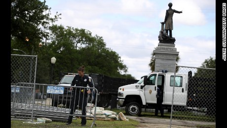 Barricades go up as the removal of a Jefferson Davis monument begins in May in New Orleans.