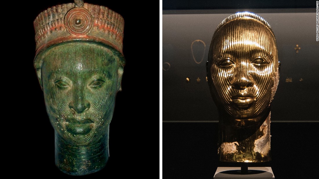 Left, a cast brass head with red pigment, a Ife head of the Yoruba people, Nigeria dating from the 12-15th century. On the right a sculpture by Damien Hirst. 