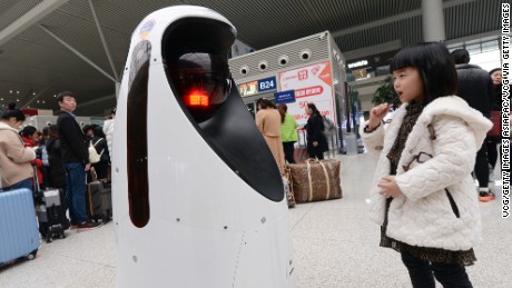 The E-Patrol Robot Sheriff on duty at Zhengzhou East Railway Station on February 15, 2017, Henan Province, China.