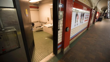 A public restroom on the platform of the Central Square MBTA station in Cambridge, Massachusetts. 