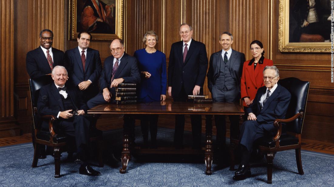 This informal group photo was taken of the US Supreme Court in December 1993. From left are Clarence Thomas, John Paul Stevens, Antonin Scalia, Chief Justice William Rehnquist, Sandra Day O&#39;Connor, Anthony Kennedy, David Souter, Ginsburg and Harry Blackmun.