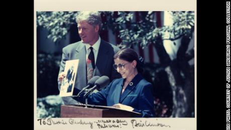 President Bill Clinton and Judge Ruth Bader Ginsburg at White House Rose Garden announcement of her nomination to the US Supreme Court, June 14, 1993. 