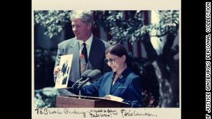 President Clinton and Judge Ginsburg at White House Rose Garden announcement of her nomination to the US  Supreme Court on June 14, 1993. 