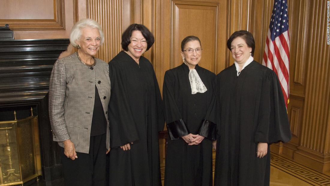 The only women who have become Supreme Court justices pose together in 2010. From left are Sandra Day O&#39;Connor, Sonia Sotomayor, Ginsburg and Elena Kagan.