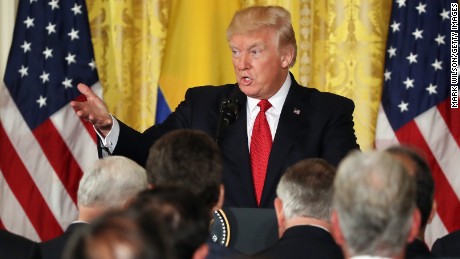 U.S. President Donald Trump delivers remarks during a joint news conference with Colombian President Juan Manuel Santos at the White House May 18, 2017 in Washington, DC. 