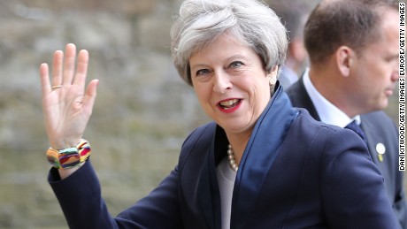 UK Prime Minister Theresa May arrives at the launch of the Conservative Party&#39;s Election Manifesto.