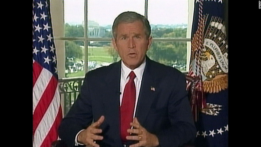 In this image taken from video, US President George W. Bush addresses the nation from the White House on October 7, 2001. He announced that US and British forces had begun airstrikes on Taliban and al Qaeda targets in Afghanistan. The United States linked the Sept. 11 attacks to al Qaeda, a group that operated under the protection of the Taliban regime in Afghanistan. The military operation was launched to stop the Taliban from providing a safe haven to al Qaeda and to stop al Qaeda&#39;s use of Afghanistan as a base for terrorist activities.