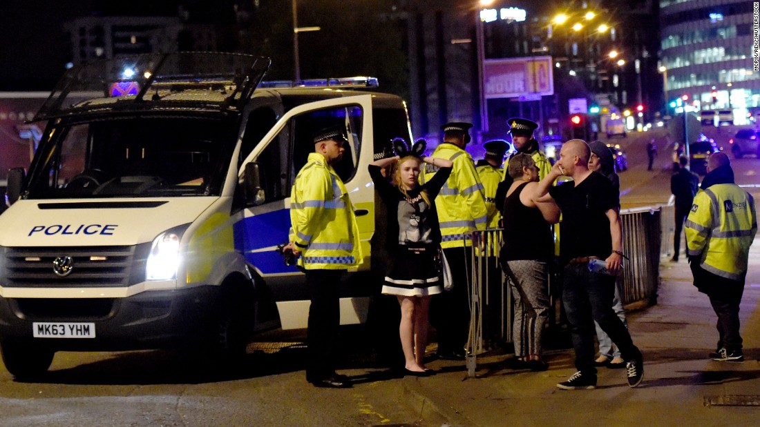 People gather outside the arena. &quot;We can confirm there was an incident as people were leaving the Ariana Grande show last night,&quot; police said on Twitter early on Tuesday. &quot;The incident took place outside the venue in a public space. Our thoughts and prayers go out to the victims.&quot;