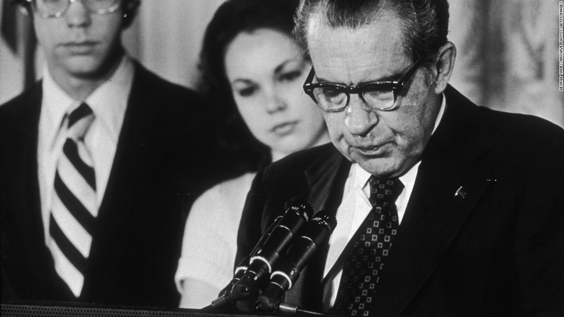 President Richard Nixon reading a farewell speech to his staff following his resignation in August of 1974.