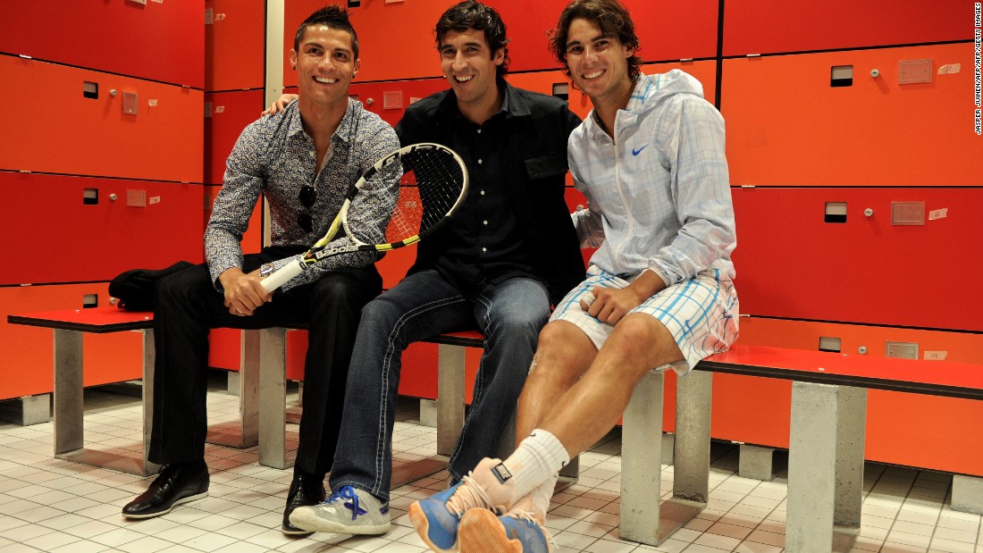 Access is normally restricted to players and coaches only, though exceptions can be made. Real Madrid icons Cristiano Ronaldo (L) and Raul are pictured posing with Nadal during the Madrid Masters in May 2010.