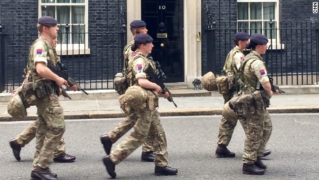 Soldiers on patrol at the Prime Minister&#39;s office in London on Wednesday.