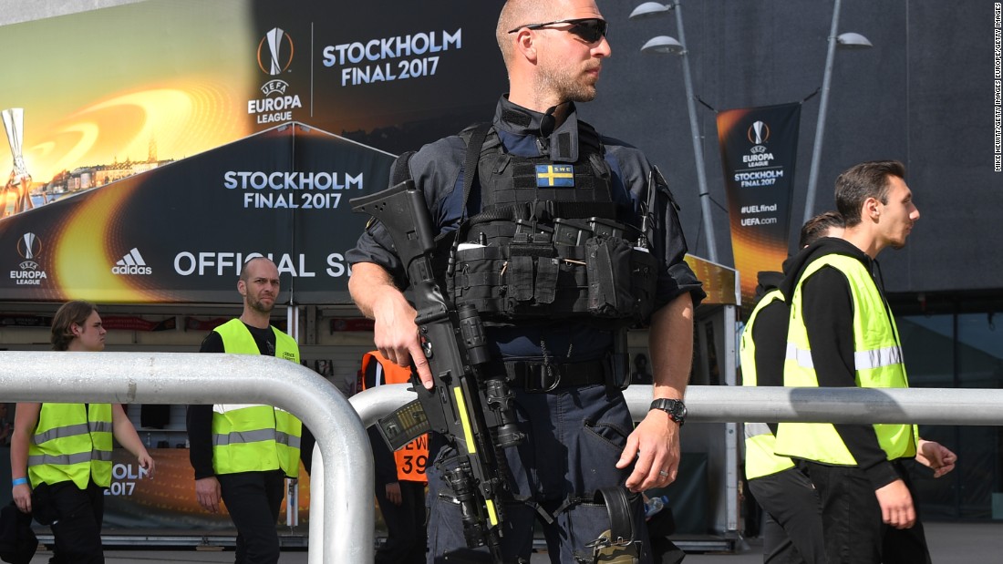 A marksman patrols the perimeter of the stadium. Following Monday&#39;s terror attack in Manchester, European governing body UEFA said there was &quot;no specific intelligence&quot; to suggest the match was under threat.