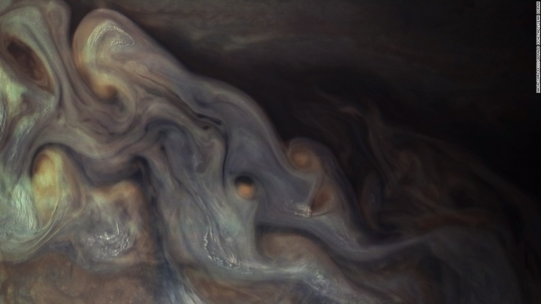 An even closer view of Jupiter&#39;s clouds obtained by NASA&#39;s Juno spacecraft.