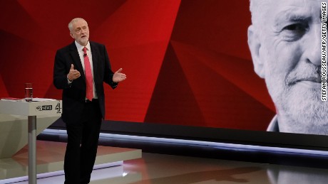 Corbyn answers questions from a studio audience during a televised debate, &quot;May v Corbyn Live: The Battle for Number 10&quot; in London this week.