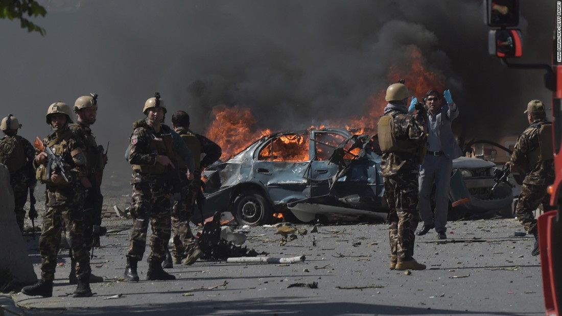 Afghan security forces patrol the site of a deadly suicide bomb attack in Kabul, Afghanistan, on Wednesday, May 31. The blast struck near the German Embassy, according to Afghan officials.