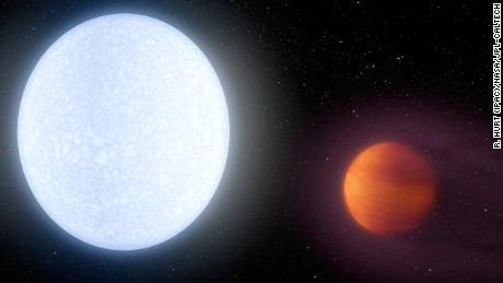 Artist conception of the KELT-9 system. The host star is a hot, rapidly rotating A-type star that is about 2.5 times more massive and almost twice as hot as our sun. The hot star blasts its nearby planet KELT-9b, which transits in front of the star once only 36 hours, with massive amounts of ultraviolet and optical radiation, leading to a dayside temperature of the tidally-locked planet of 7800 degrees Fahrenheit, hotter that most stars and only 2000 degrees cooler than the sun.