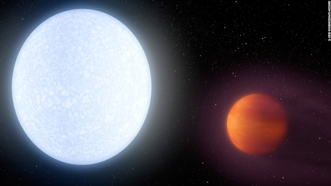 Welcome to the KELT-9 system. The host star is a hot, rapidly rotating A-type star that is about 2.5 times more massive and almost twice as hot as our sun. The hot star blasts its nearby planet KELT-9b with massive amounts of radiation, leading to a daylight temperature of 7800 degrees Fahrenheit, hotter that most stars and only 2000 degrees cooler than the sun.