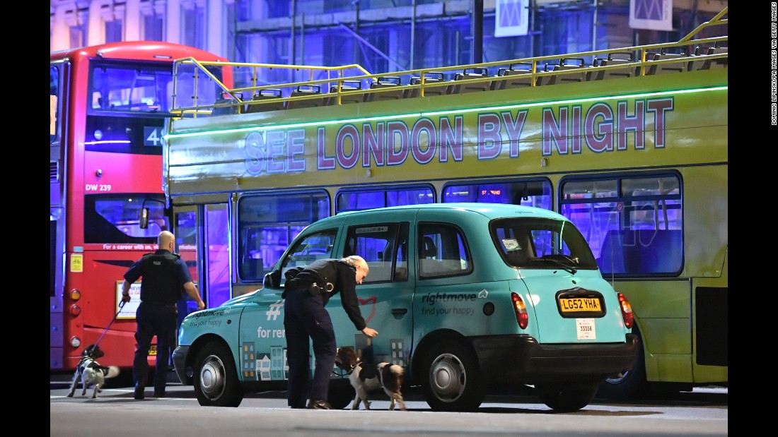 Police sniffer dogs are seen at London Bridge.