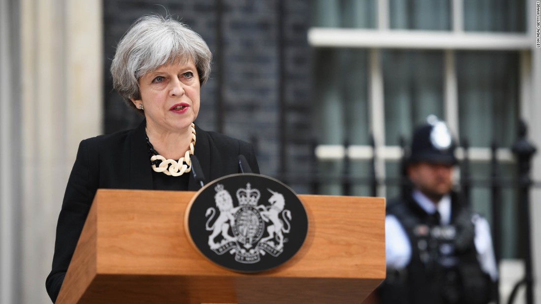 Prime Minister Theresa May makes a statement at 10 Downing Street, following a Cobra security meeting in response to Saturday night&#39;s terror attack. Violence must &quot;never be allowed to disrupt the democratic process,&quot; May said, adding that Thursday&#39;s general election will go ahead.