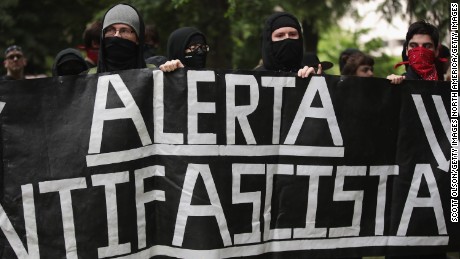 Anti-fascist demonstrators confront pro-Trump demonstrators during a protest on June 4, 2017, in Portland, Oregon.