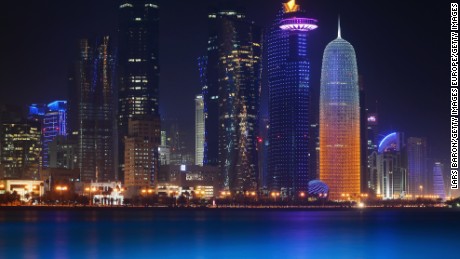 DOHA, QATAR - JANUARY 07:  The illuminate skyline of Doha is seen on January 7, 2014 in Doha, Qatar.  (Photo by Lars Baron/Getty Images)