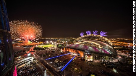 DOHA, QATAR - MAY 19:  In this handout image supplied by Qatar 2022,  Fireworks over Khalifa International  Stadium during the official opening ceremony of Khalifa International  Stadium on May 19, 2017 in Doha, Qatar. Qatar&#39;s Supreme Committee for Delivery &amp; Legacy launches Khalifa International Stadium, the first completed 2022 FIFA World Cup venue, five years before the tournament begins. (Photo by Supreme Committee for Delivery &amp; Legacy/Qatar 2022 via Getty Images)